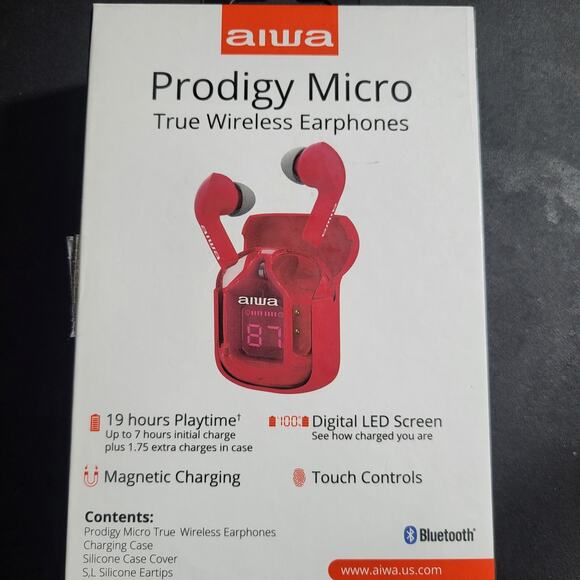 New Red Aiwa Prodigy Micro True Wireless Earphones Digital  LED Display 19 Hour - Picture 6 of 6